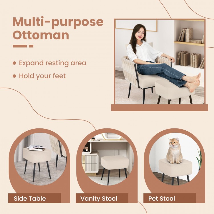 Modern ottoman in white velvet, serving as a footrest or side table, with solid metal legs for stability.