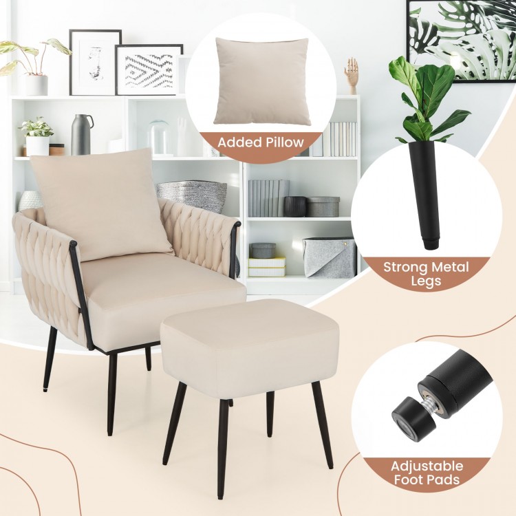 Modern Dutch velvet accent chair with weaved back, added pillow, and ottoman for versatile living room use.