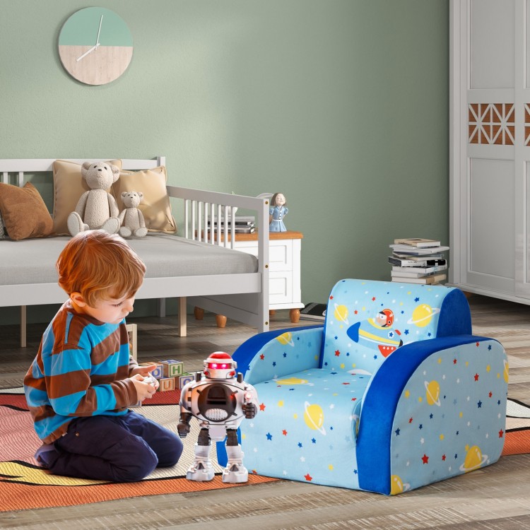 Kids sofa with planet pattern, convertible design for play and nap, made of soft velvet fabric, perfect for playrooms.