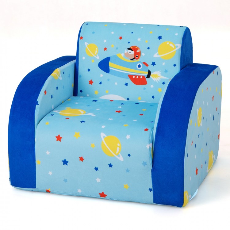 Kids sofa with planet pattern, blue velvet fabric, convertible design for play, nap, and sleep, supports up to 66 lbs.