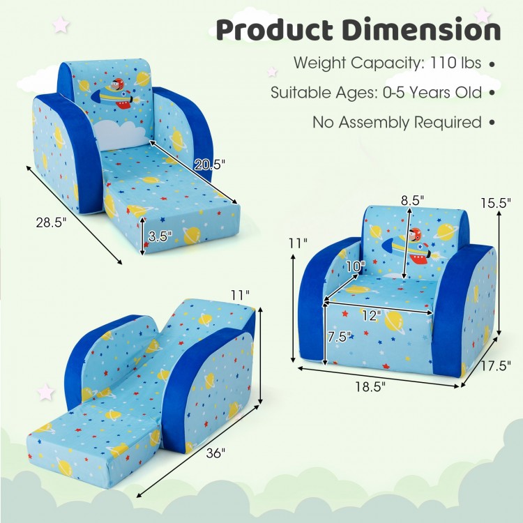 Convertible kids sofa in blue with planet pattern, designed for play and nap, suitable for ages 0-5 years.