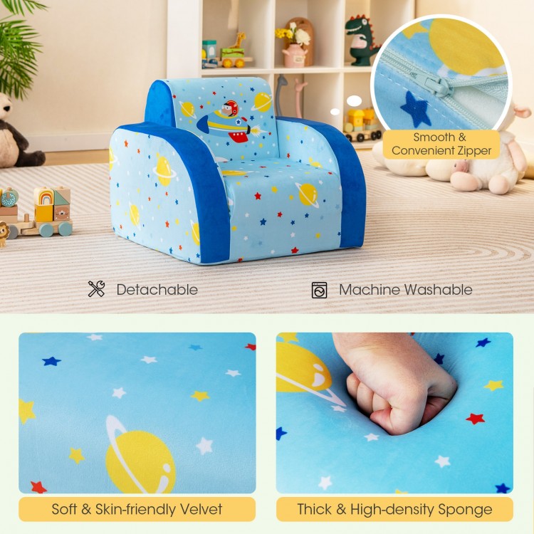 Convertible kids sofa in blue with planet pattern, made of soft velvet, perfect for play and nap time.