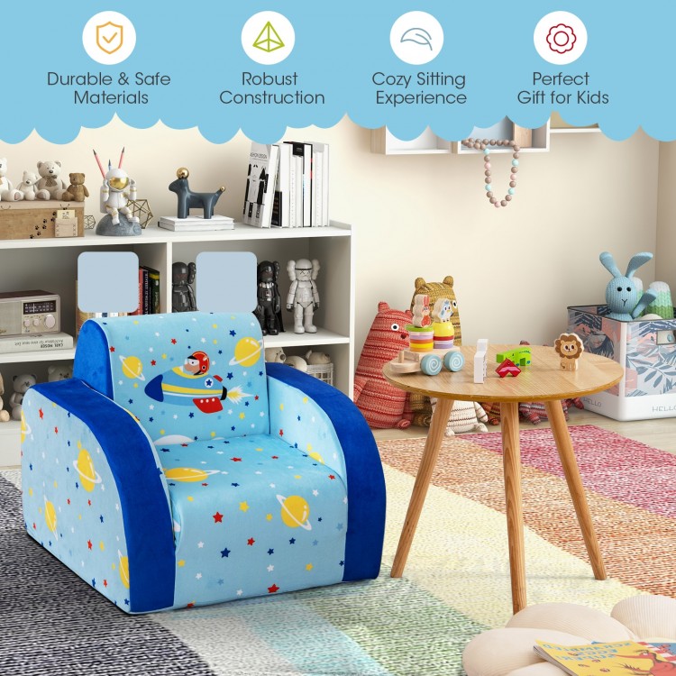 Kids 3 in 1 convertible sofa in blue with planet pattern, perfect for play, nap, and sleep in any room.