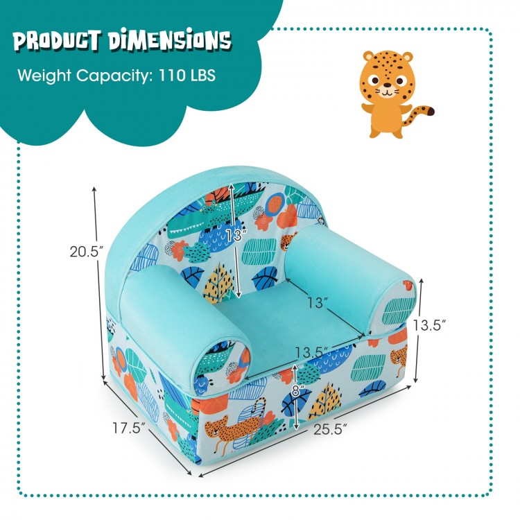 Kids armchair in blue with plush velvet cover, ergonomic backrest, and cute patterns, perfect for ages 0-5.