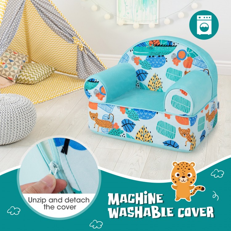 Kids armchair in blue with plush velvet cover, featuring a detachable, machine washable design for easy cleaning.
