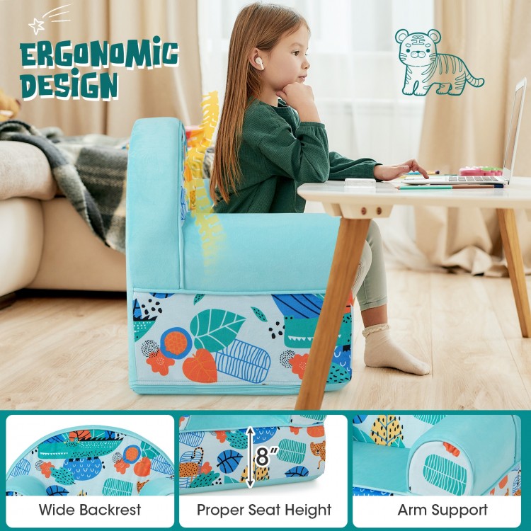 Kids armchair in blue with plush velvet cover, ergonomic backrest, and arm support, perfect for reading and playing.