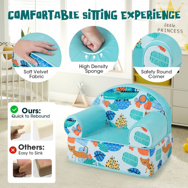 Kids armchair in blue with plush velvet cover and soft sponge filling, ideal for reading and play in children's rooms.