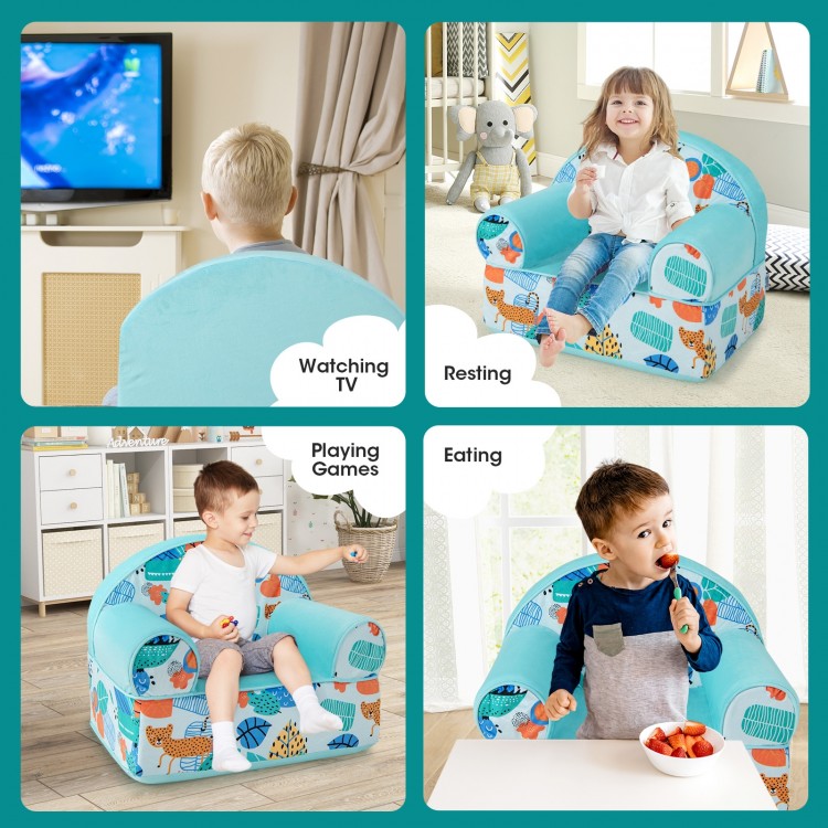 Kids armchair in blue with plush velvet cover, ideal for resting, playing games, and watching TV in a cozy kids' room.