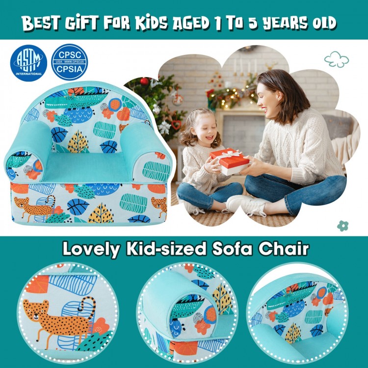 Kid-sized blue armchair with plush velvet cover, ergonomic backrest, and soft sponge filling, perfect for kids' rooms.