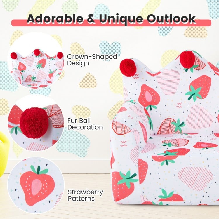 Crown-shaped kids sofa in pink with strawberry patterns, high-density padding, perfect for playrooms and reading.