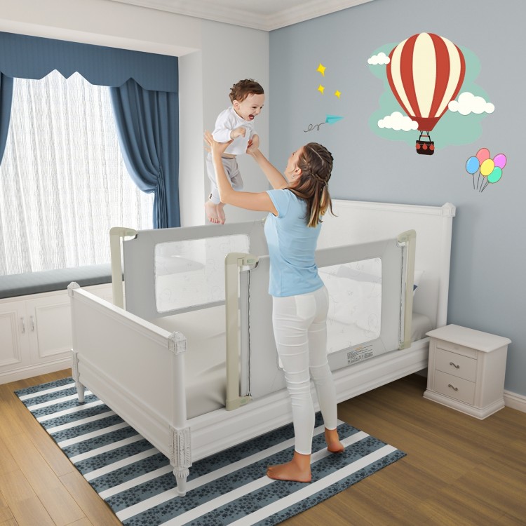 Toddler bed rail guard with adjustable height and double safety lock, ensuring safety and convenience for various.