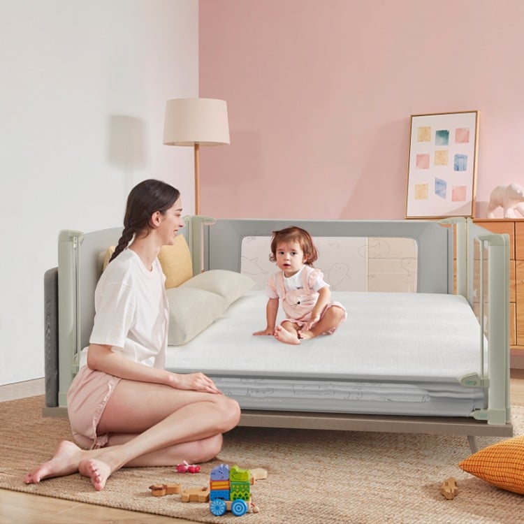 Toddler bed rail guard with adjustable height, safety lock, and seamless design for twin to queen mattresses.