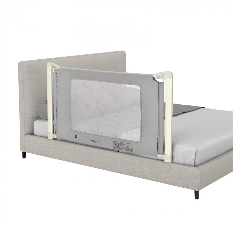 Toddler bed rail guard with adjustable height, double safety lock, and seamless design for twin to queen mattresses.
