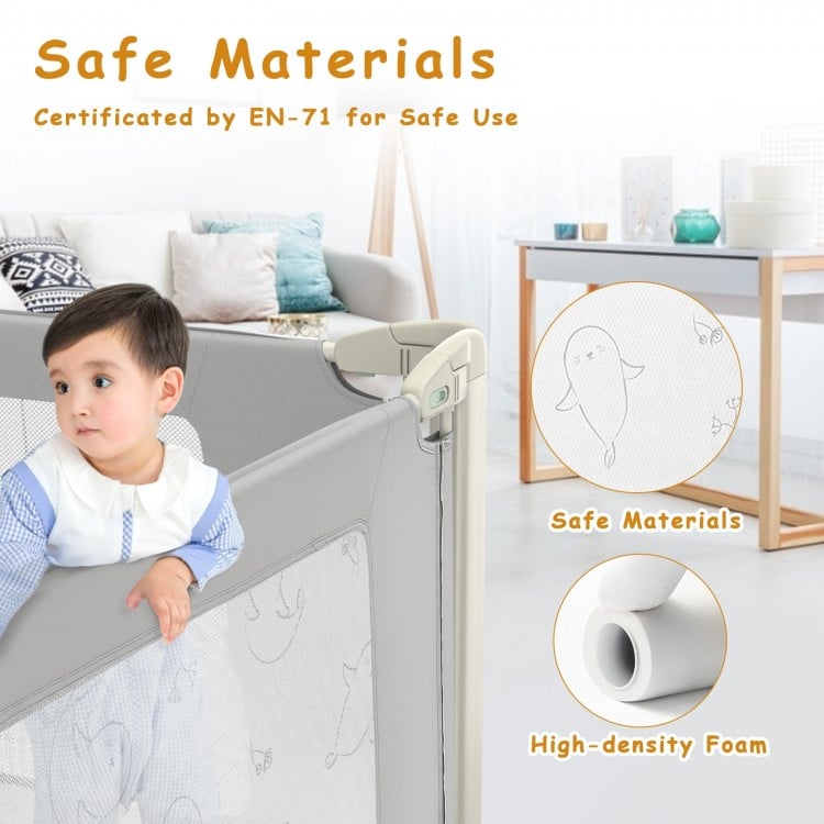 Toddler bed rail guard with adjustable height, double safety lock, and seamless design for safe sleep.