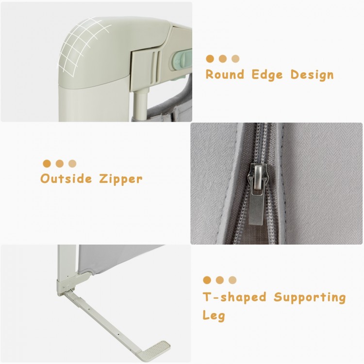 Close-up of the bed rail guard's T-shaped supporting leg and outside zipper, featuring a round edge design for safety.