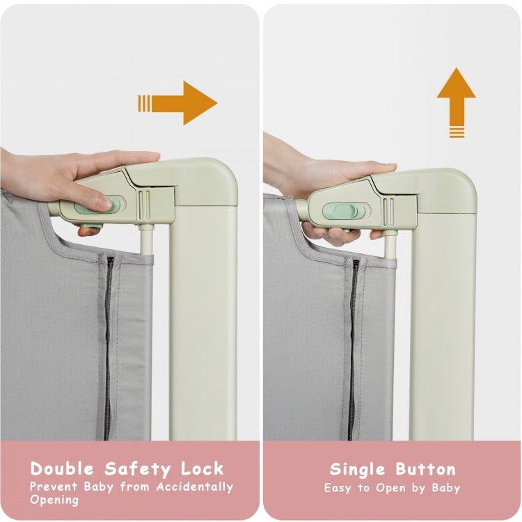 Adjustable bed rail guard with double safety lock and single button for easy access, ensuring toddler safety during.