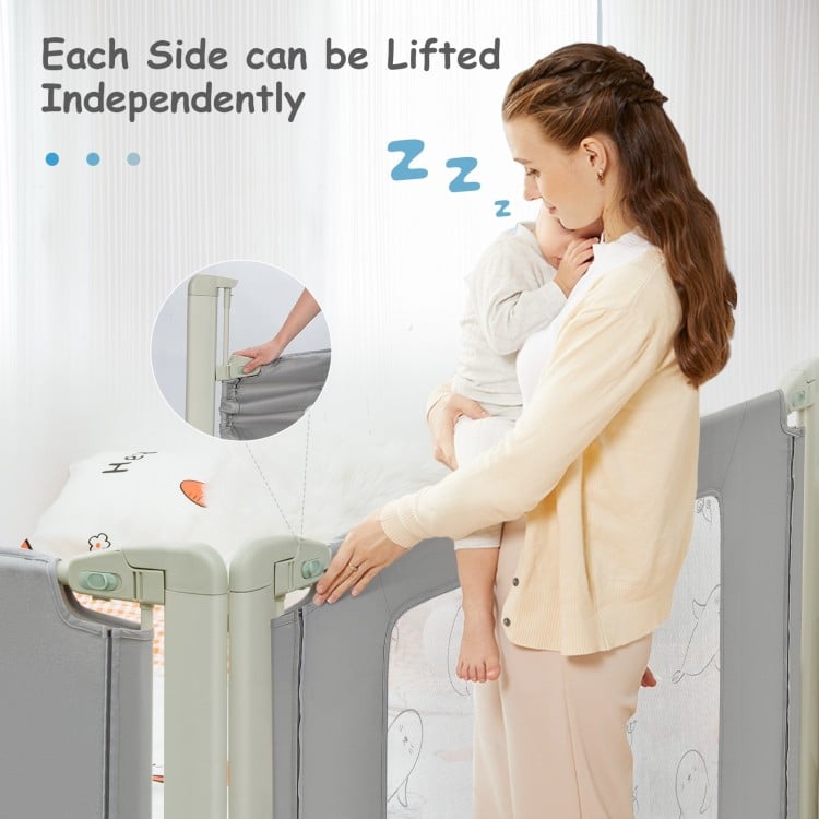 Toddler bed rail guard with adjustable height, safety lock, and seamless design, ideal for twin to queen mattresses.
