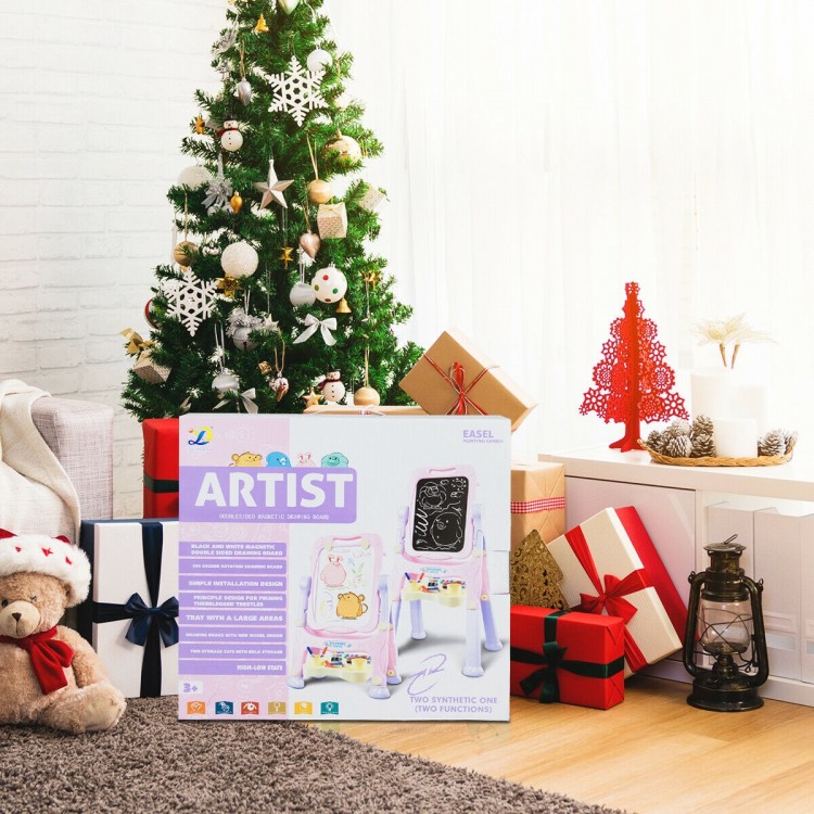 Kids height adjustable double side magnetic art easel in purple, perfect for budding artists, with a large accessory.