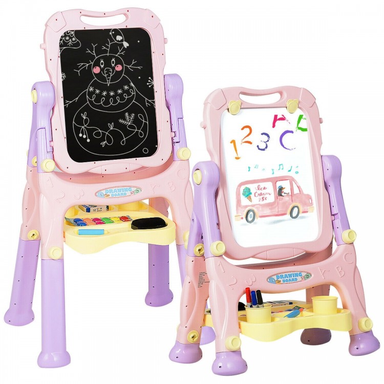 Kids height adjustable double side magnetic art easel in purple, featuring a chalkboard and whiteboard for creative.