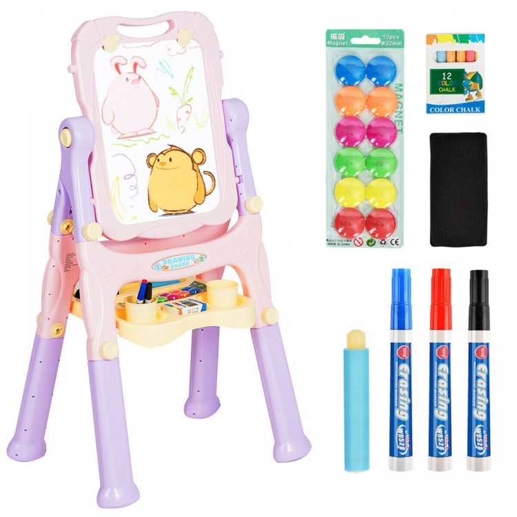 Kids height adjustable double-sided magnetic art easel in purple with art supplies for creative fun and easy access.