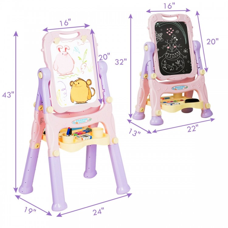Kids height adjustable double side magnetic art easel in purple with a large tray for art accessories and 360-degree.