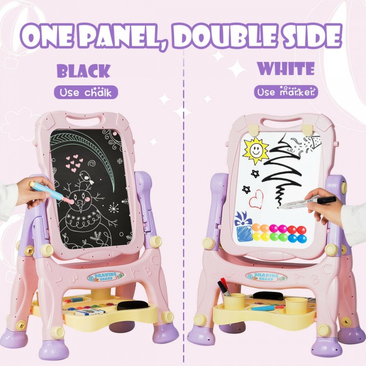 Kids height adjustable double-sided magnetic art easel in purple, featuring a chalkboard and whiteboard for versatile.