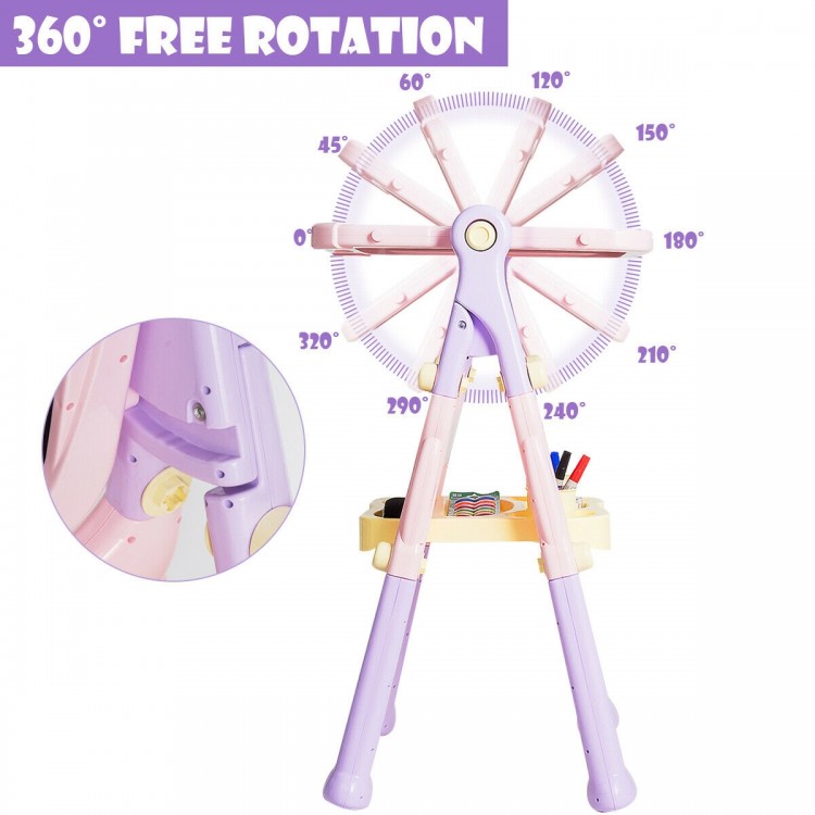 Kids height adjustable double side magnetic art easel in purple with 360-degree rotation and large accessory tray.