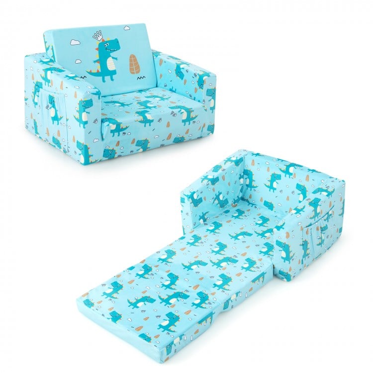 Kids recliner sofa in blue with dinosaur pattern, converts to sleeper bed, featuring plush upholstery and storage.