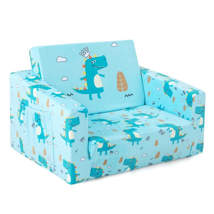 Kids recliner sofa in blue with dinosaur pattern, convertible to sleeper bed, featuring plush upholstery and storage.