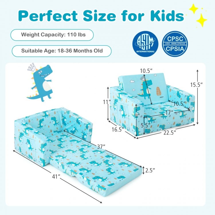 Kids recliner sofa in blue with dinosaur pattern, converts to sleeper bed, features armrests and storage pockets.