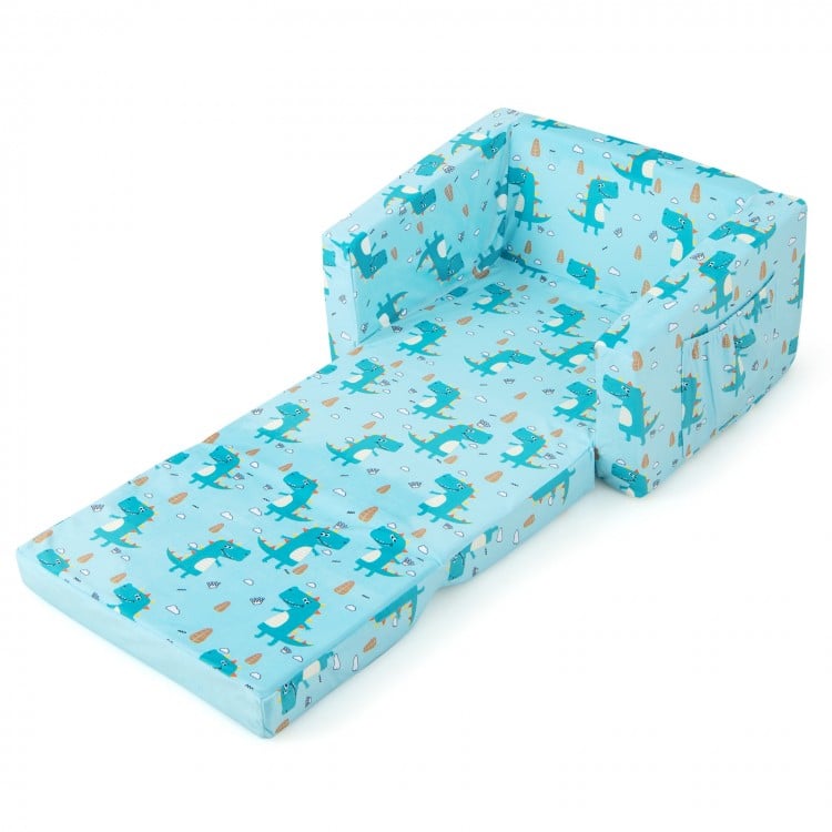 Kids recliner sofa in blue with dinosaur pattern, converts to sleeper bed, featuring soft upholstery and storage.