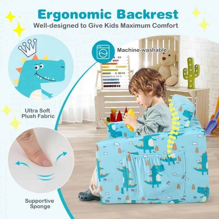 Kids recliner sofa in blue with dinosaur pattern, featuring ergonomic backrest and soft plush fabric for comfort.