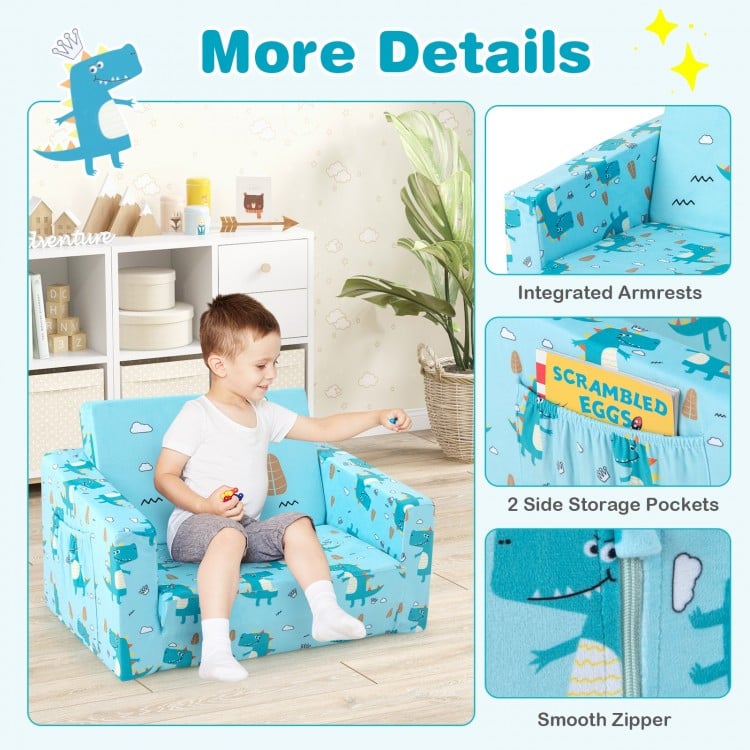 Kids recliner sofa in blue with dinosaur pattern, integrated armrests, and storage pockets, converts to sleeper bed.