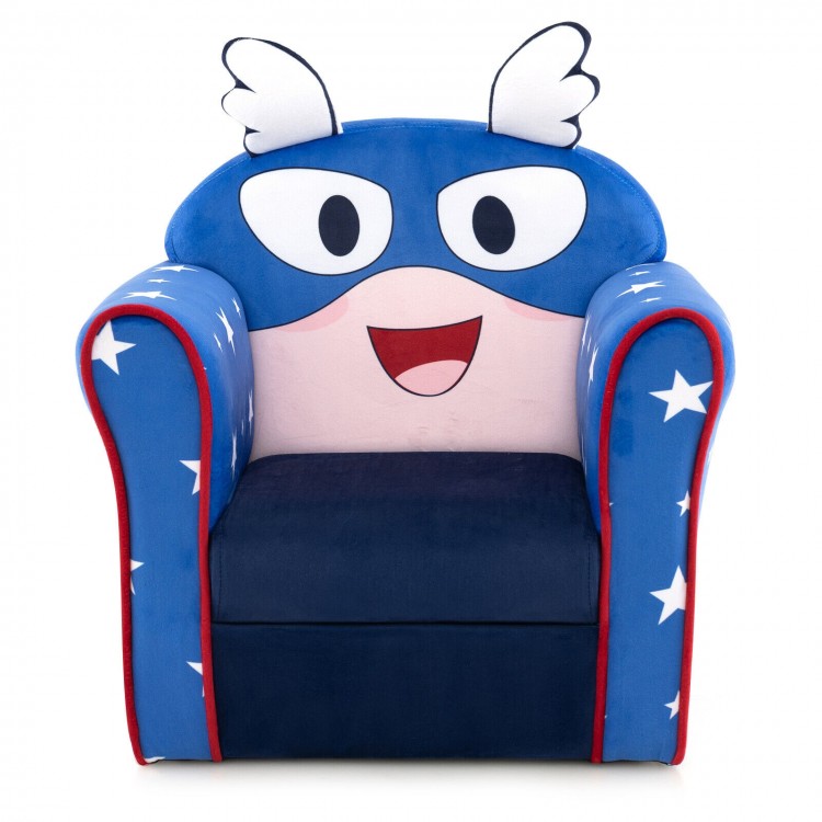 Kids sofa with armrest in blue featuring a cute character design, thick cushion, and solid wood construction for.