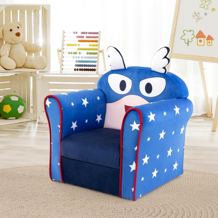 Blue kids sofa with armrest, thick cushion, and star design, perfect for children's rooms and play areas.