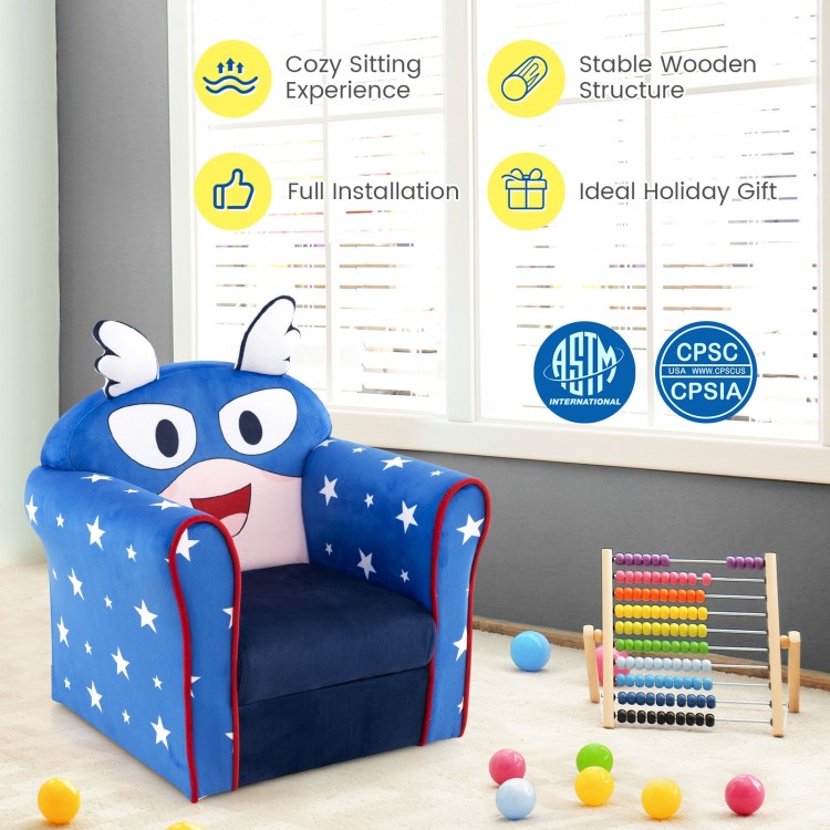 Kids sofa with armrest in blue, featuring a cute design, thick cushion, and solid wood construction for stability.