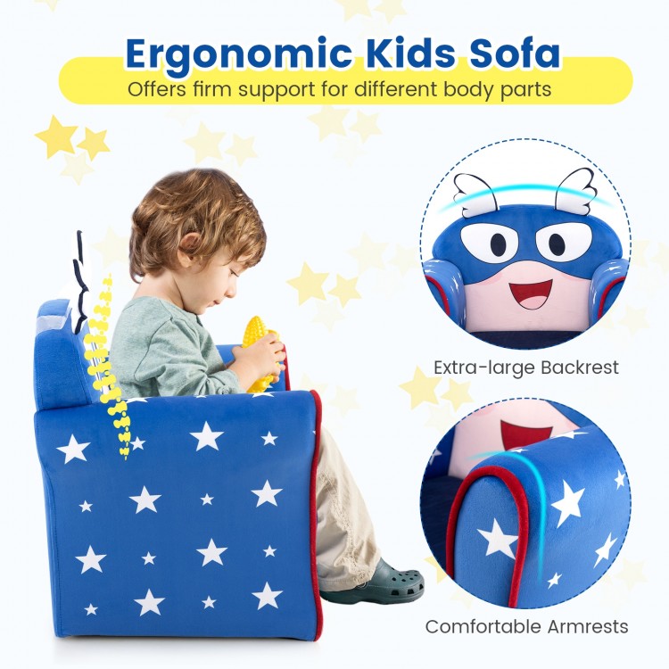 Ergonomic kids sofa in blue with star design, featuring thick cushion, wide backrest, and comfortable armrests for.
