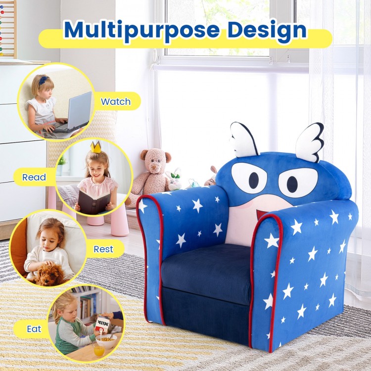 Kids sofa in blue with star design, featuring thick cushion and wide armrests, perfect for reading and resting.