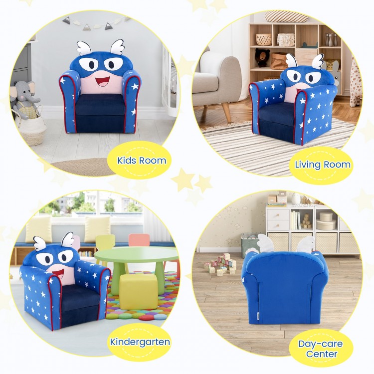 Blue kids sofa with armrests and thick cushion, designed for comfort and safety, perfect for playrooms and living.