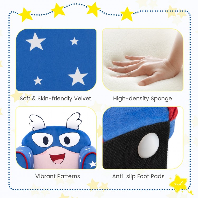 Blue kids sofa featuring a cute design, thick cushion with high-density sponge, and anti-slip foot pads for safety.