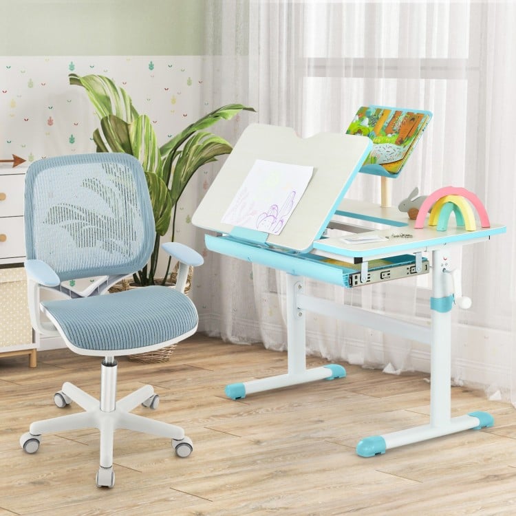 Swivel mesh children’s computer chair in blue with adjustable height, perfect for kids' study or bedroom use.
