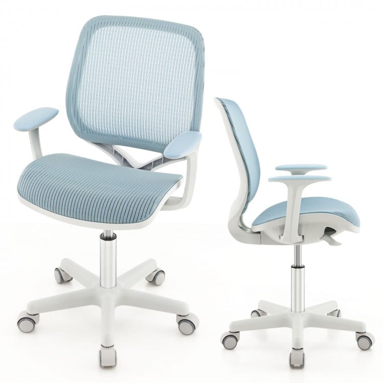 Swivel mesh children computer chair in blue, featuring adjustable height, curved backrest, and 360-degree swivel for.