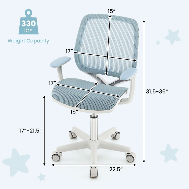 Swivel mesh children computer chair in blue with adjustable height, ergonomic design, and 360-degree swivel for comfort.