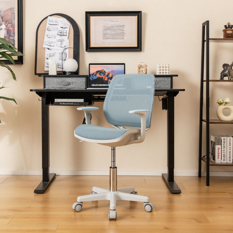 Swivel mesh children's computer chair in blue with adjustable height, designed for comfort and support in study spaces.