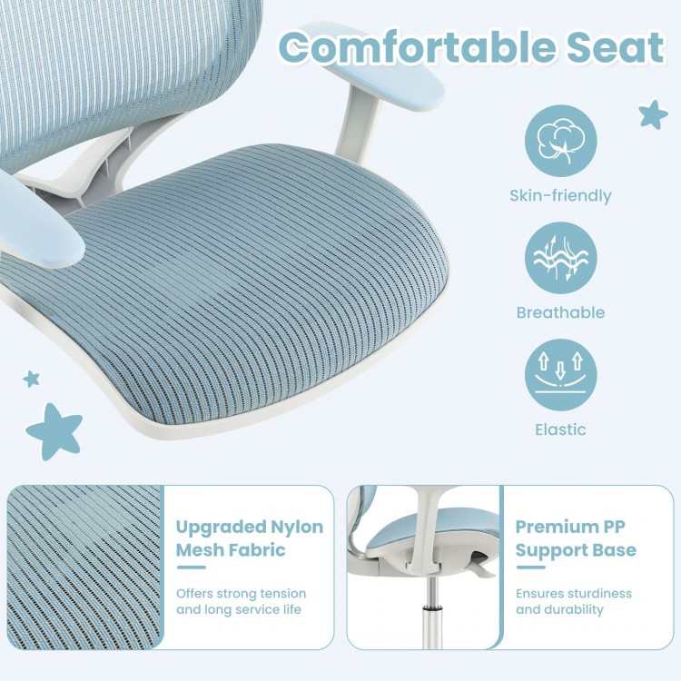Comfortable blue mesh seat of the swivel children's computer chair, featuring breathable fabric and adjustable height.