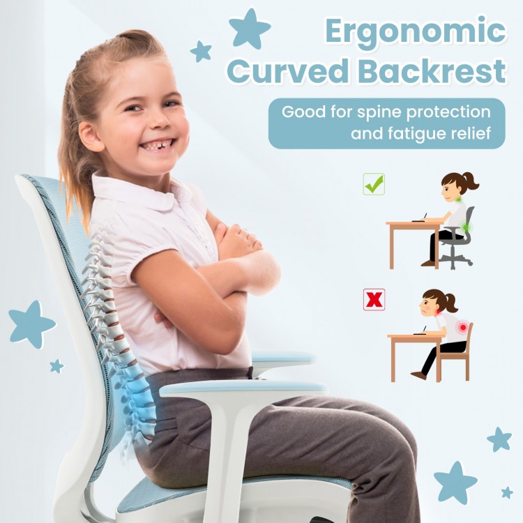 Swivel mesh children's computer chair in blue with ergonomic curved backrest, adjustable height, and comfortable design.