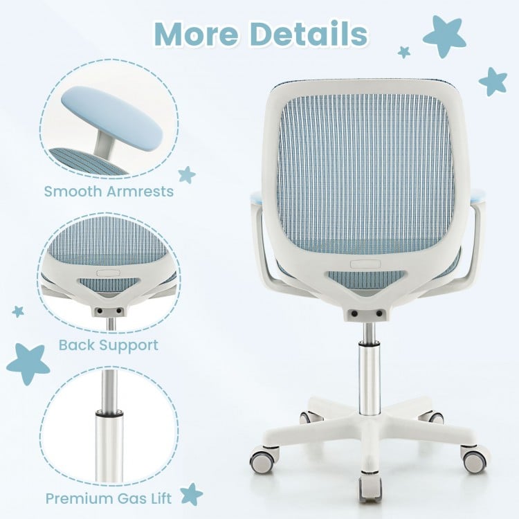 Children's swivel mesh computer chair in blue with adjustable height, curved backrest, and smooth armrests for comfort.