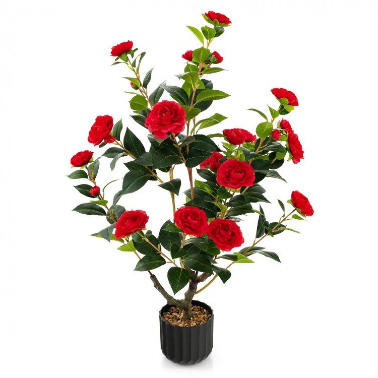 38-inch artificial camellia tree with red flowers and green leaves in a cement pot, perfect for year-round decoration.