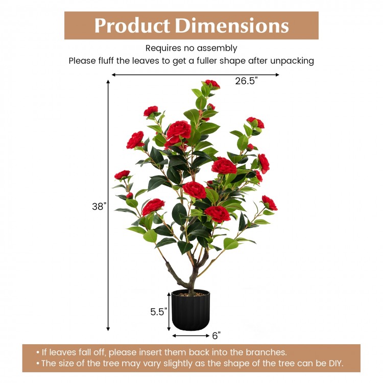 38-inch artificial camellia tree with red flowers in a cement pot, perfect for year-round decoration and easy.