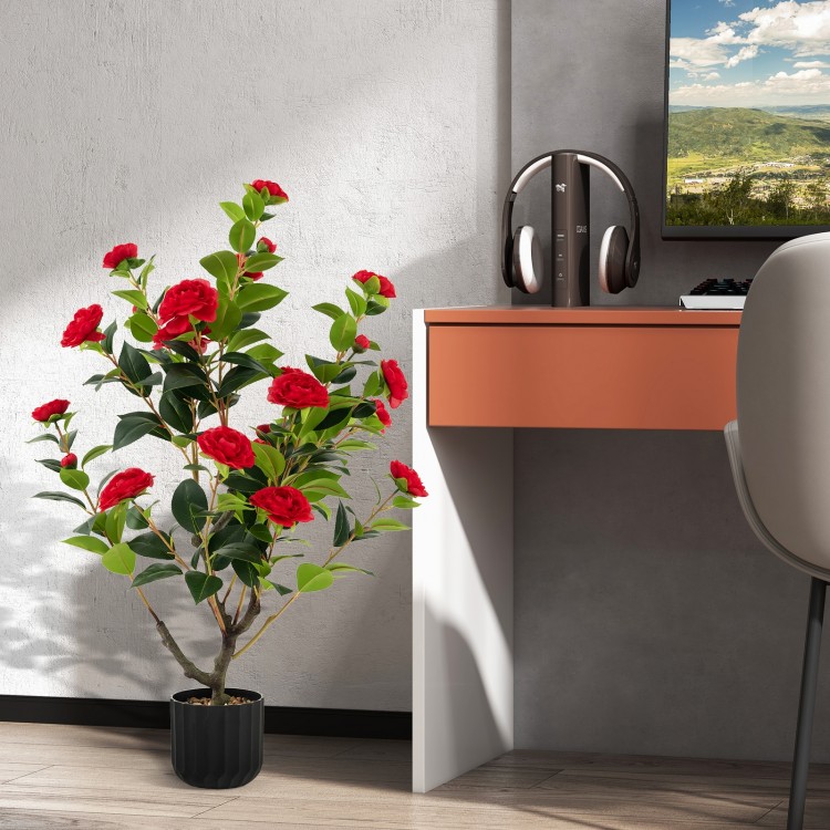 Artificial camellia tree with vibrant red flowers and thick PE trunk in a cement pot, ideal for hassle-free indoor.